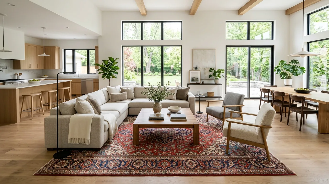 Apartment bedroom with one statement rug and simple oak furniture