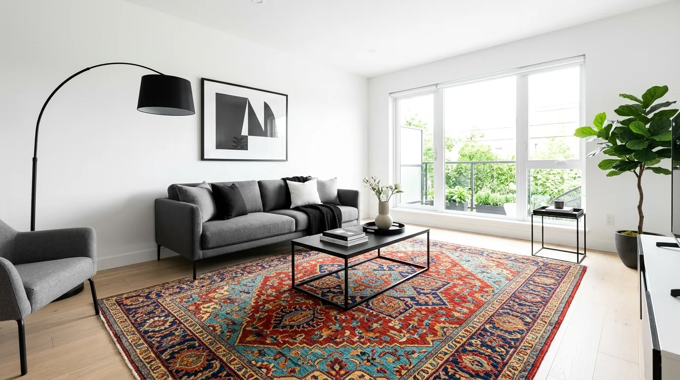 Moody lounge with dark walls and jewel-toned antique rug