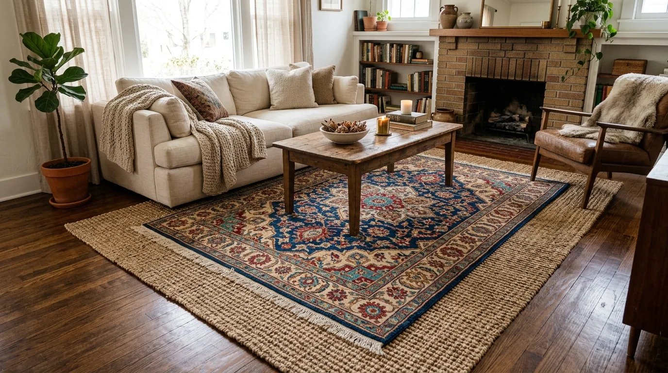 Family room with rug anchoring mixed seating and layered lighting