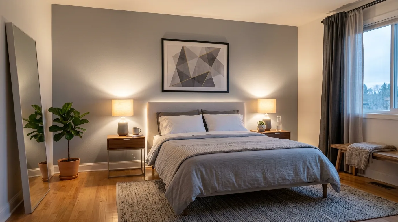 Small bedroom with wall sconces replacing table lamps