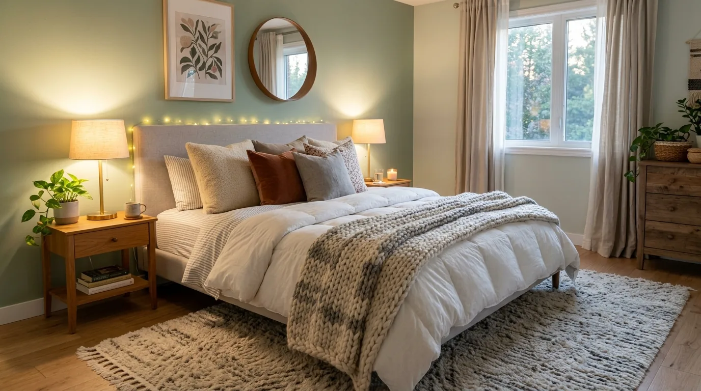 Room with full-length drapes and layered rug