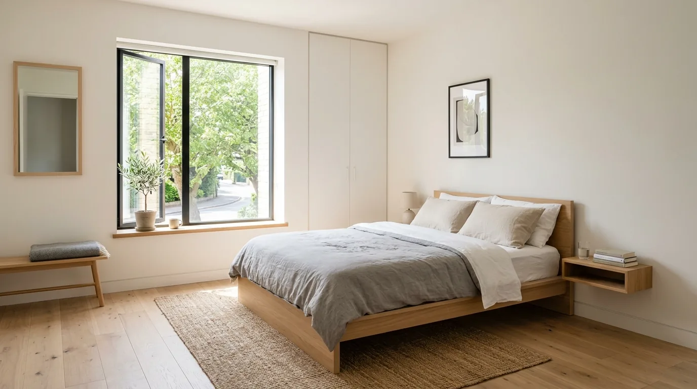 Modern bedroom with painted accent wall behind bed