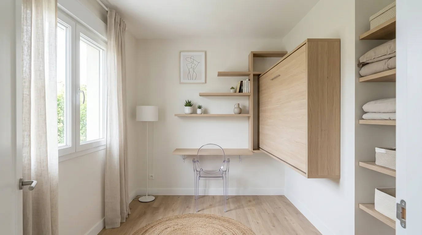 Scandinavian bedroom with pale oak nightstands and paper lamp
