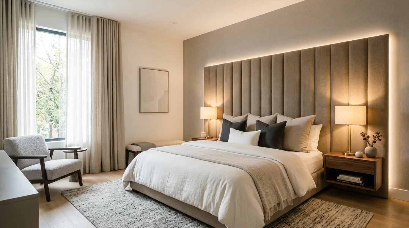 Apartment room with art-led gallery wall and streamlined dresser styling