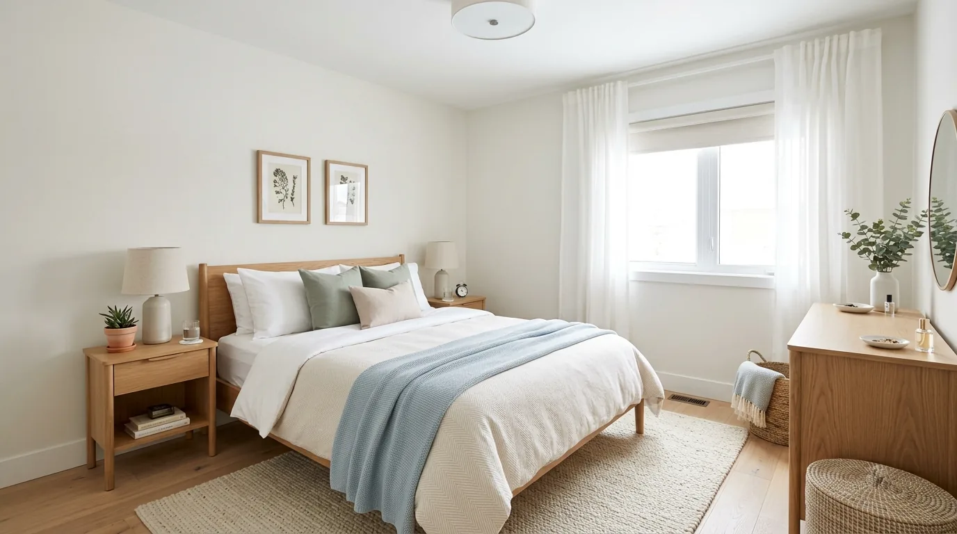 Bedroom reading corner upgraded with lounge chair and soft floor lamp