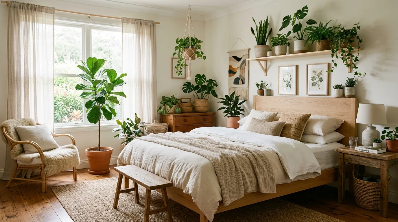 Farmhouse room with quilted bedding and vintage wood details