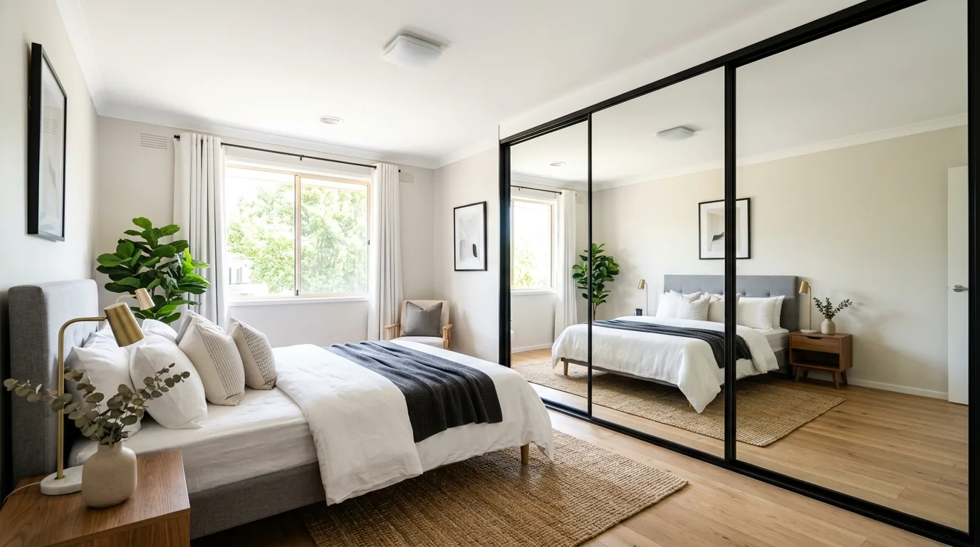 Moody bedroom with dark paint and warm brass lighting