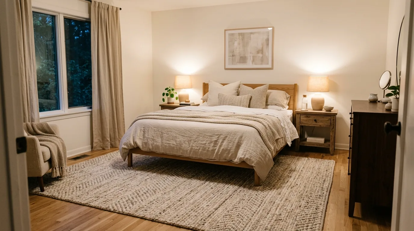 Minimal room with hidden under-bed storage and simplified decor