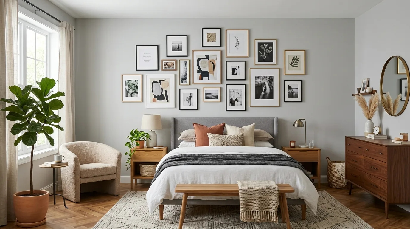 Guest bedroom with brighter linens and layered bedside lighting