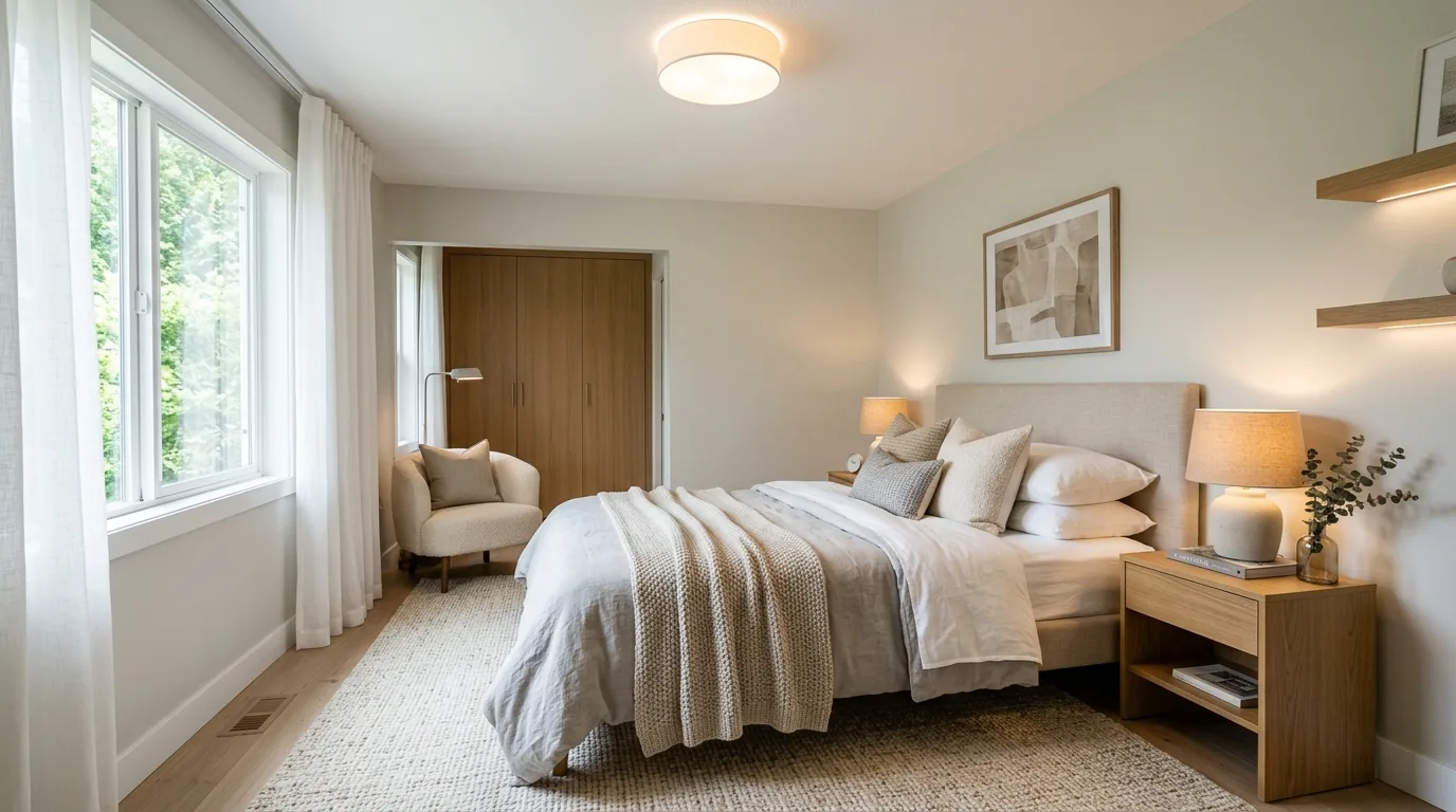 Cinematic upgraded bedroom with improved lighting