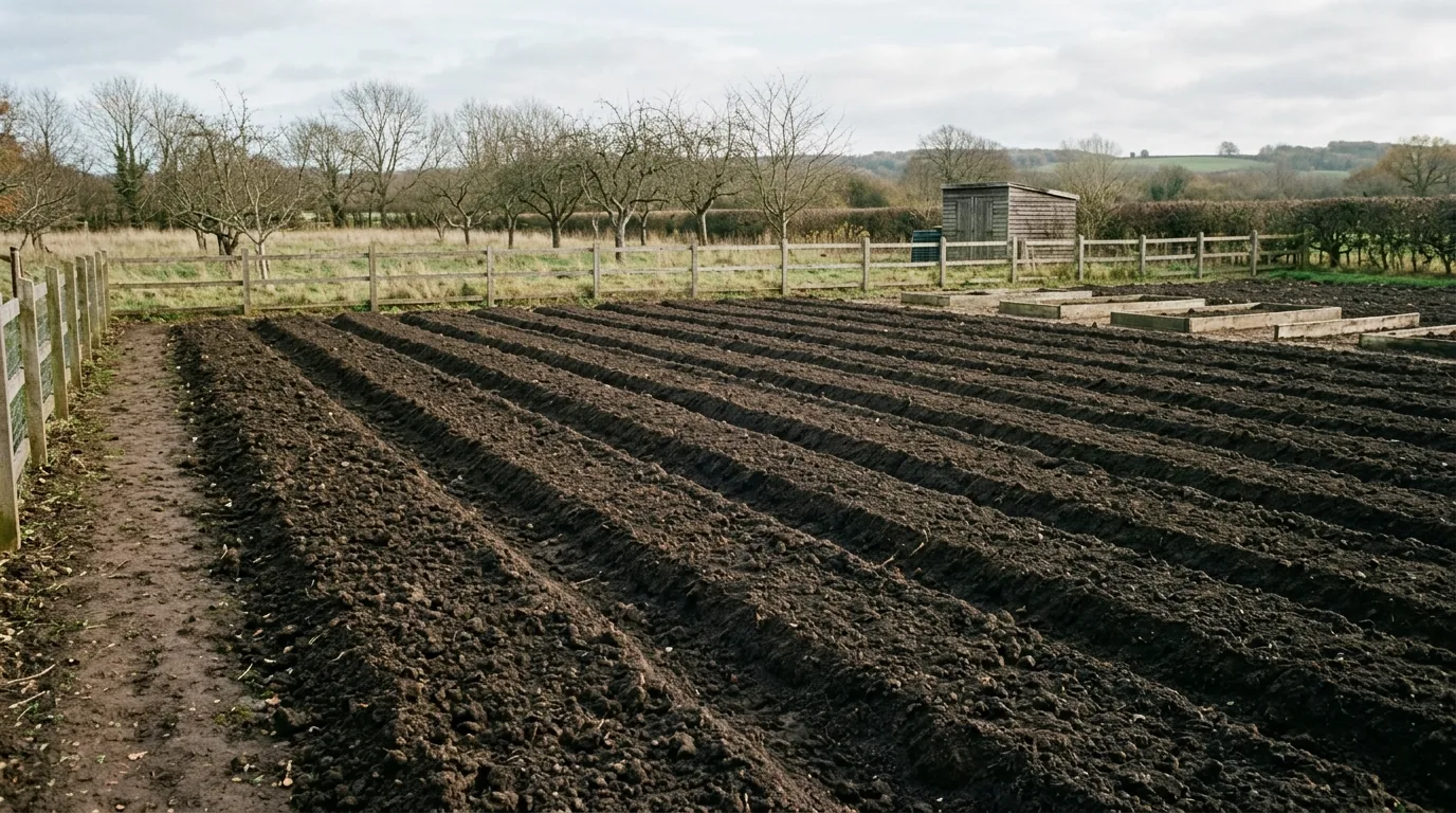 Vegetable patch with frost cloth ready over tender crops