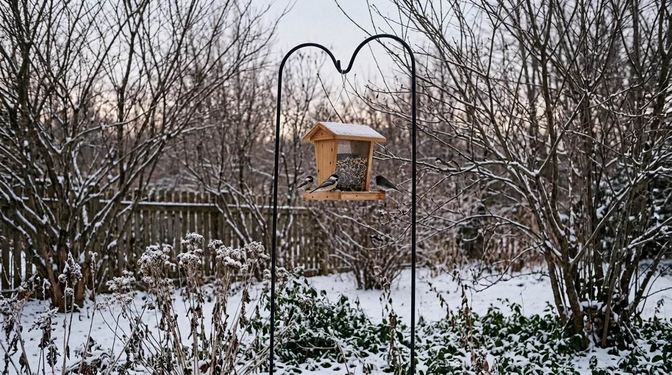 Cinematic winter-prep garden with mulched beds