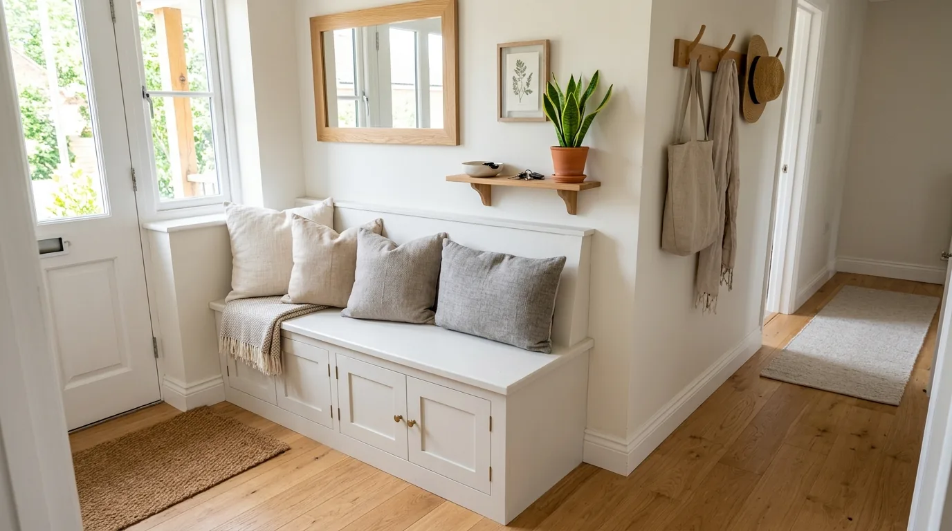 Narrow entry wall with floating shelf and peg rail