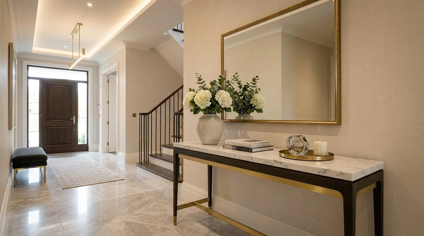 Small entryway with wallpaper accent wall