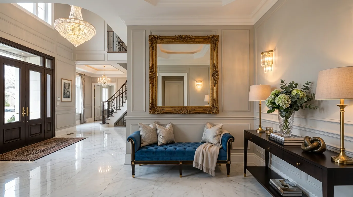 Small grand entryway with statement mirror