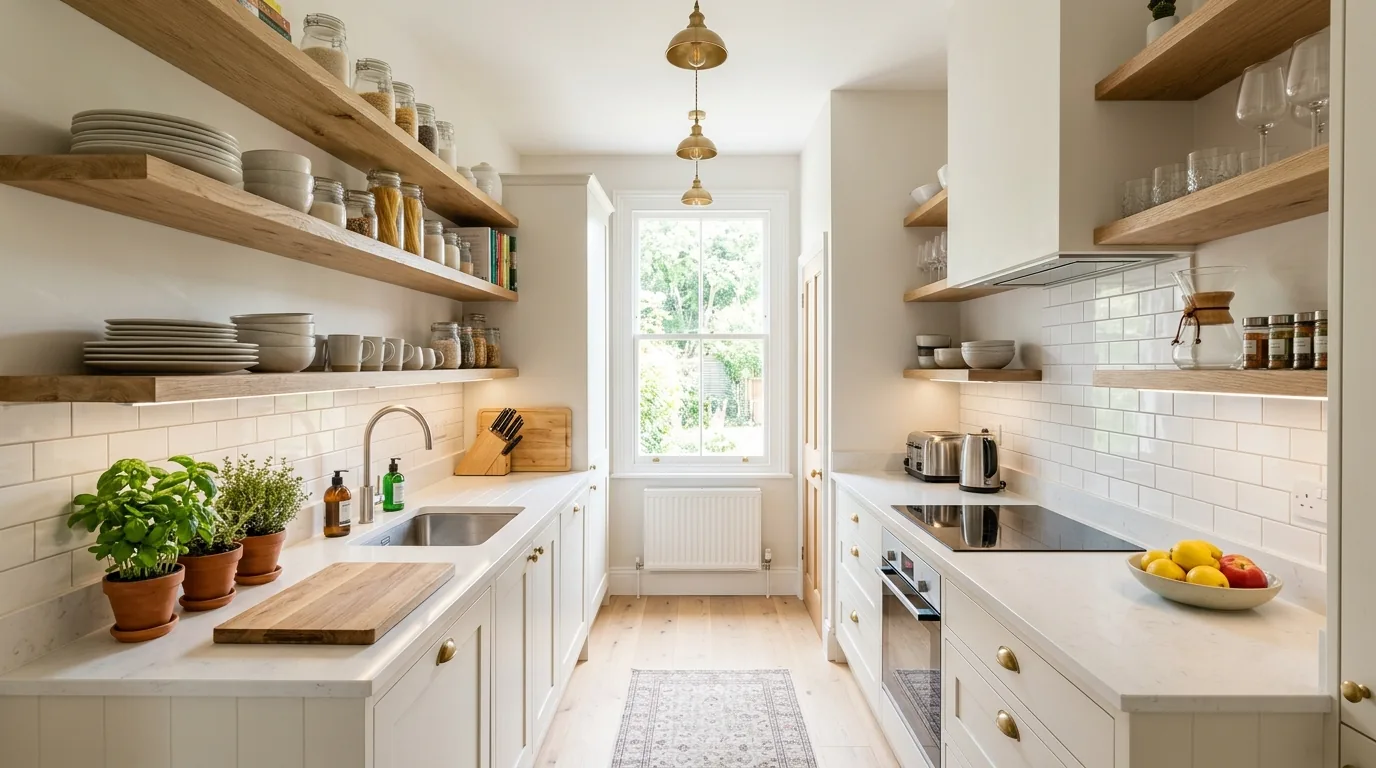 Long kitchen with pale oak lower cabinets and white uppers