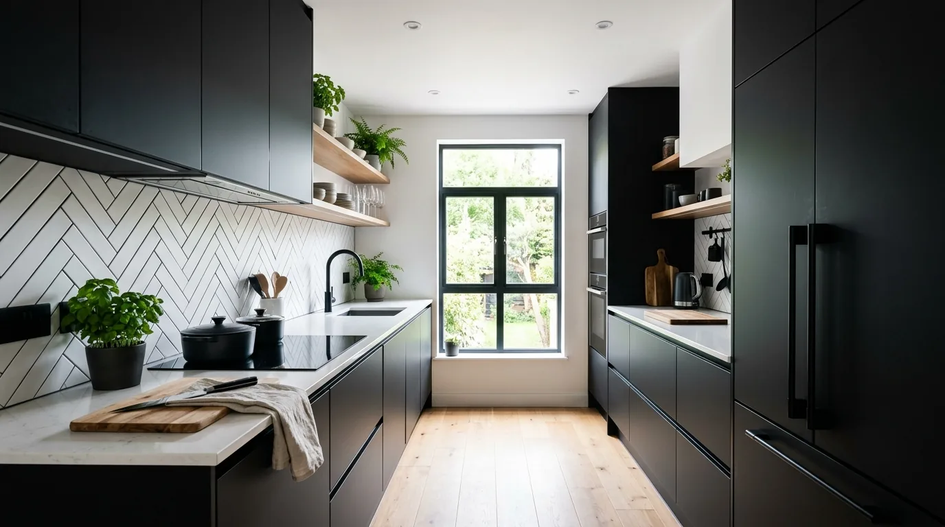 Compact galley with reflective backsplash and under cabinet lighting