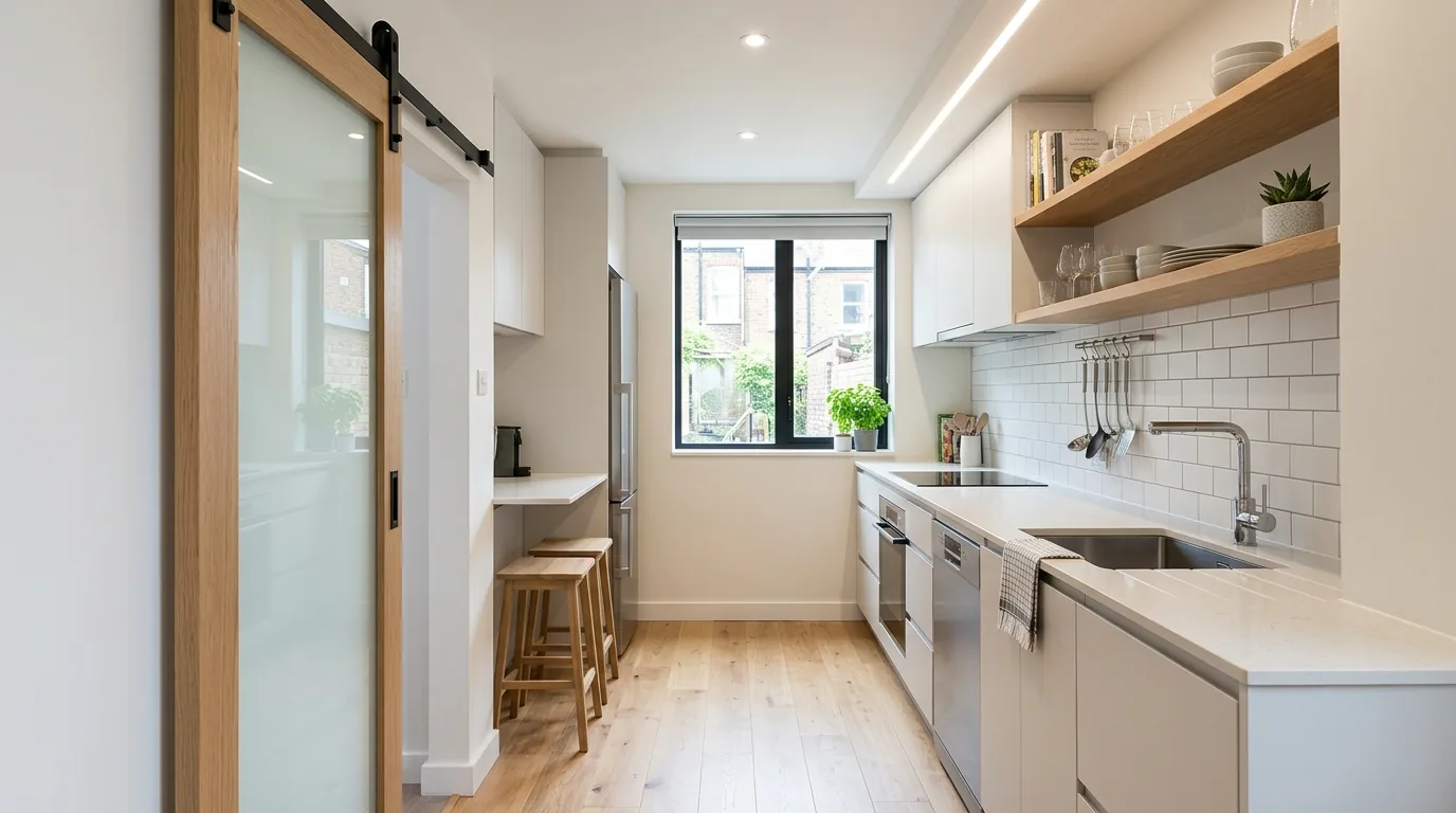 Modern galley kitchen with waterfall runner rug and matte black fixtures