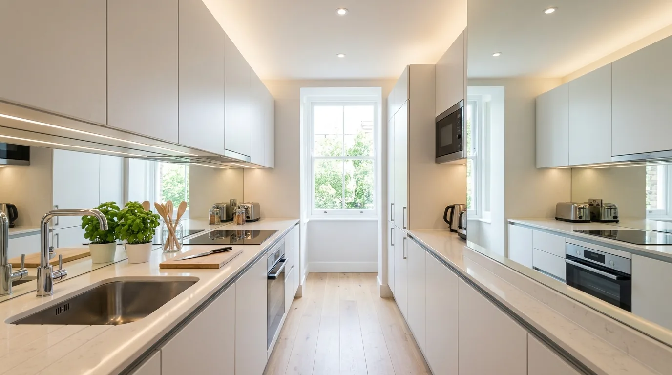 Small kitchen with one wall of open shelving and one wall of closed storage