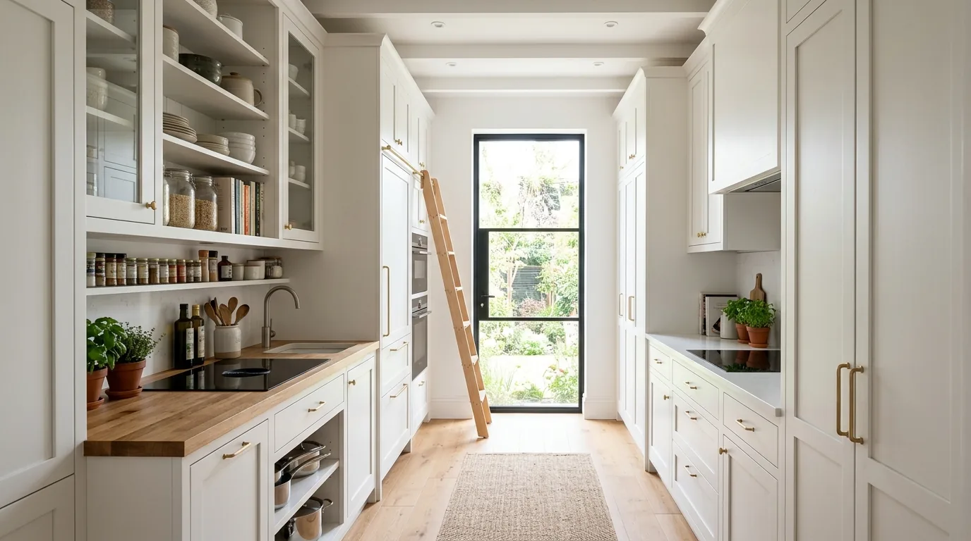 Scandinavian galley kitchen with pale wood floors and paper pendant