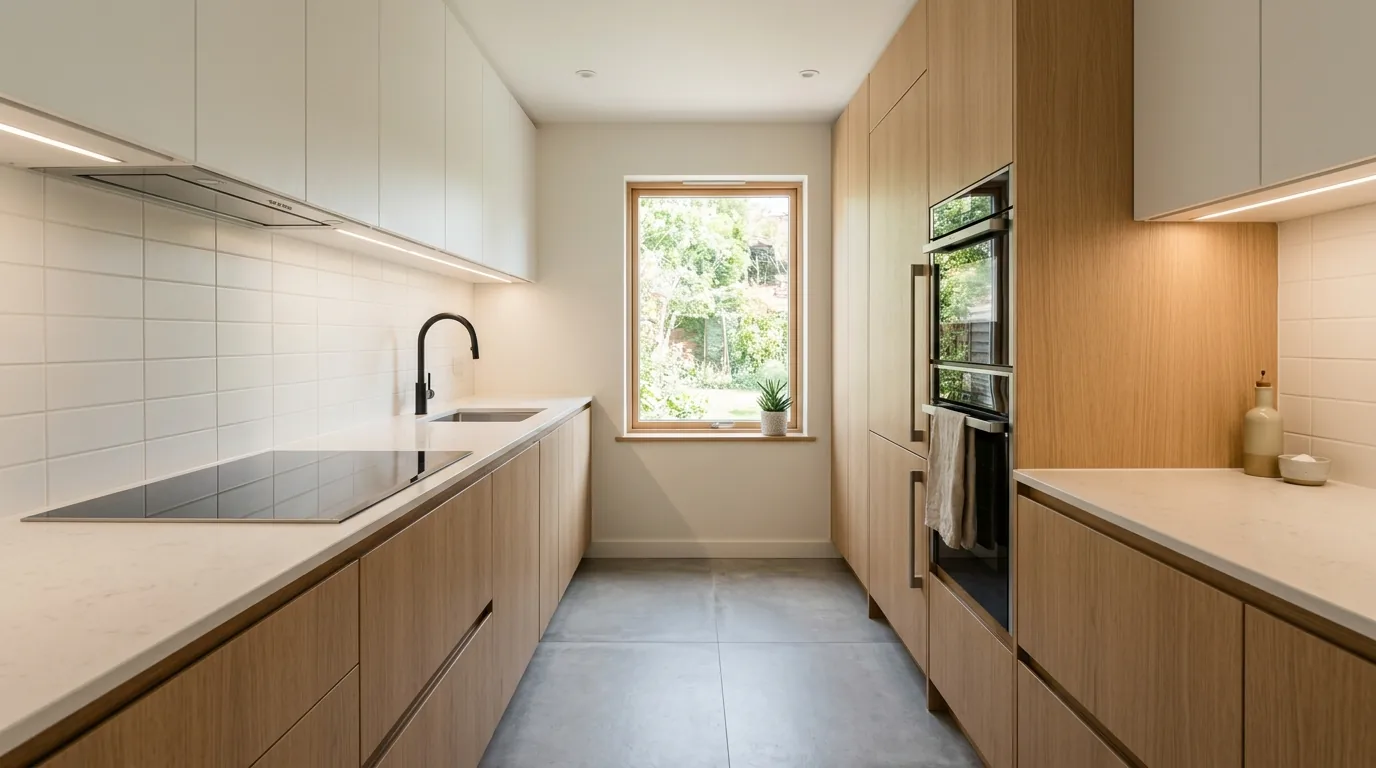 Navy and white galley kitchen with tall pantry wall