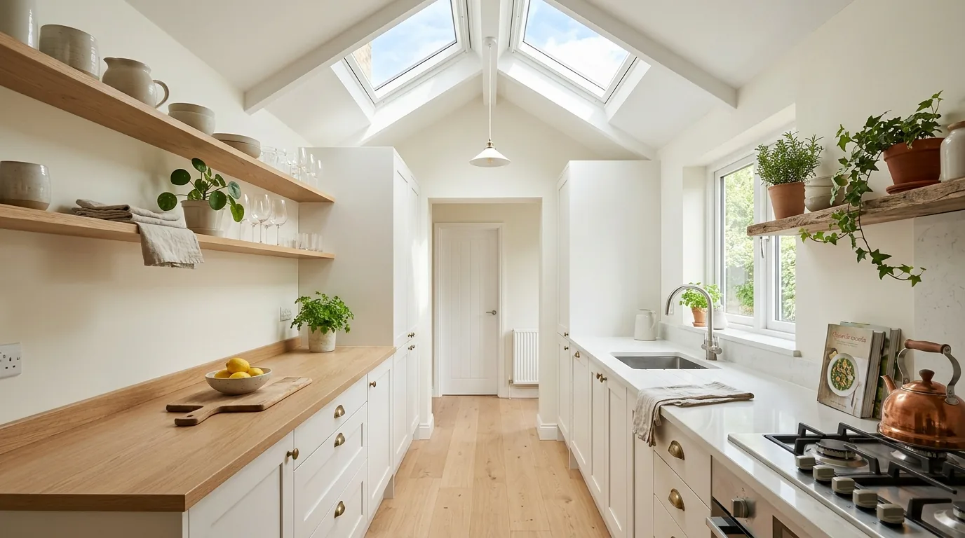 Apartment galley kitchen with slim rolling cart and integrated appliances