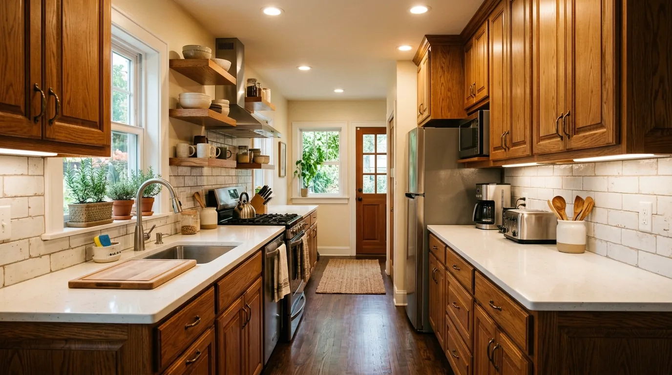 Traditional galley kitchen with marble-look counters and brighter ceiling lights