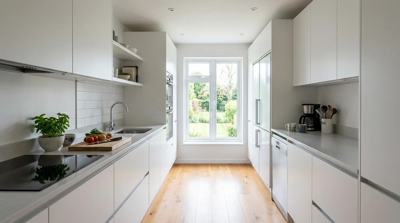 Luxury narrow kitchen with full-height cabinets and soft ambient glow
