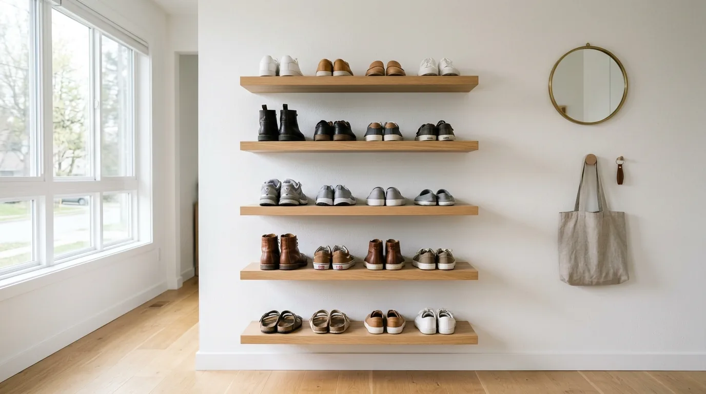 Small hallway with slim black metal shoe rack and wall hooks