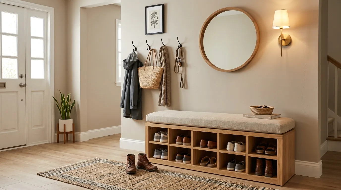 Mudroom with built-in shoe drawers below bench seating