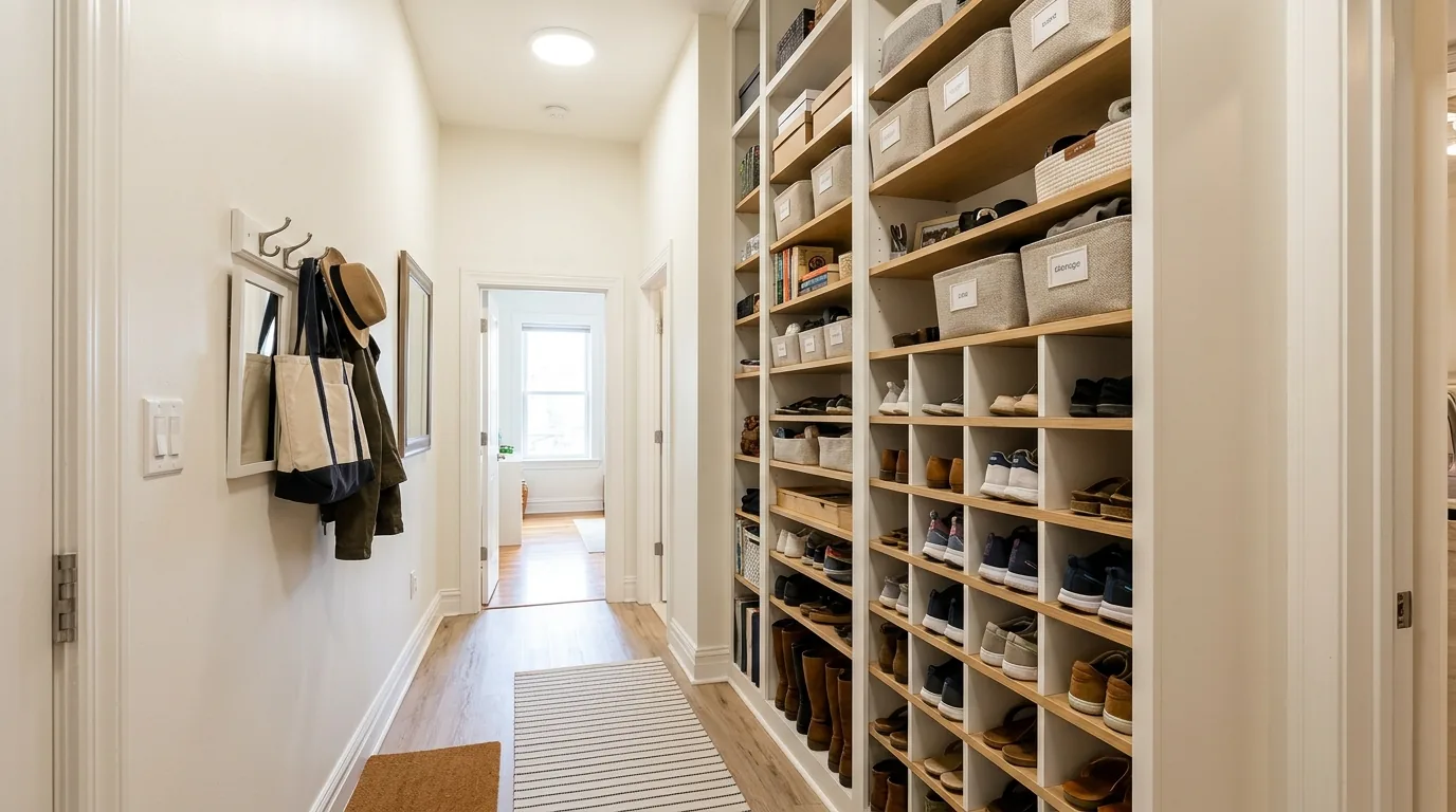 Apartment entry with vertical shoe tower beside mirror