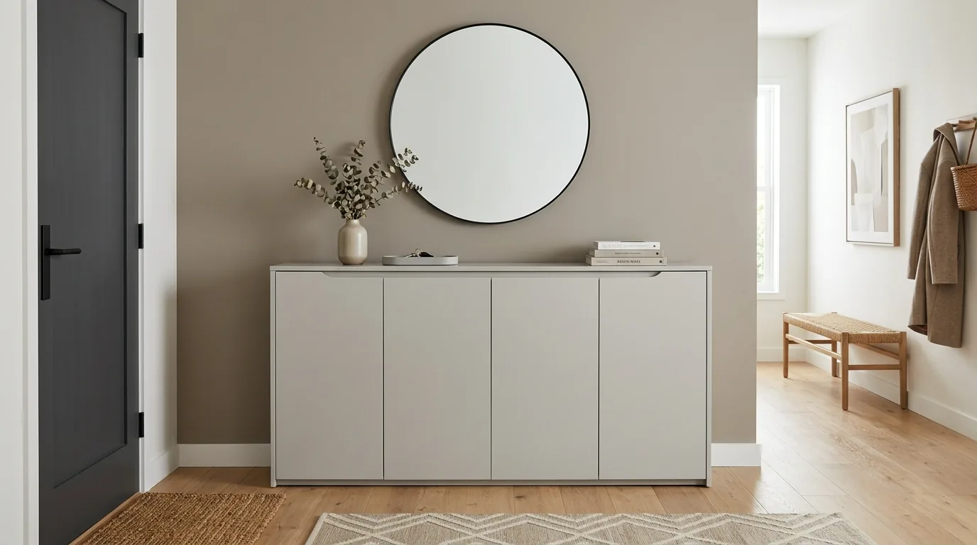 Scandinavian foyer with pale wood shelving and woven bins for sandals and slippers