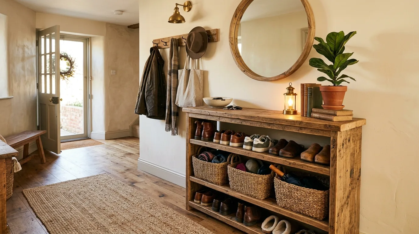 Farmhouse entry with white cubby rack and labeled baskets