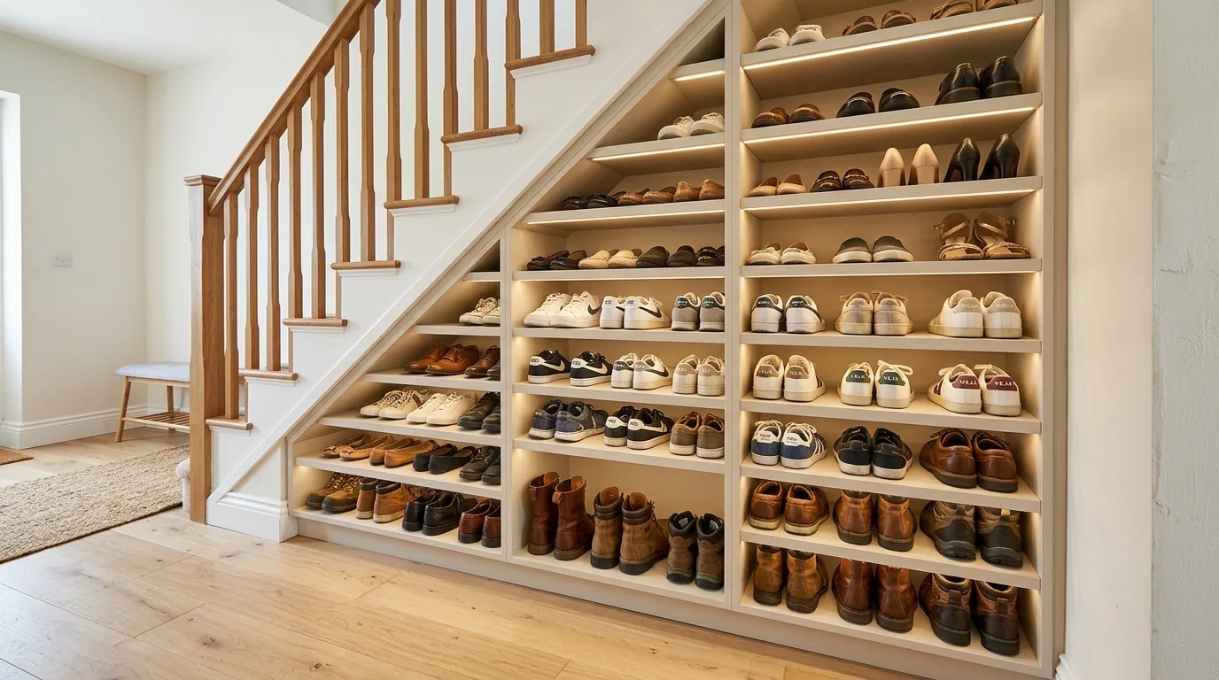 Modern entryway with closed shoe cabinet and floating shelf above
