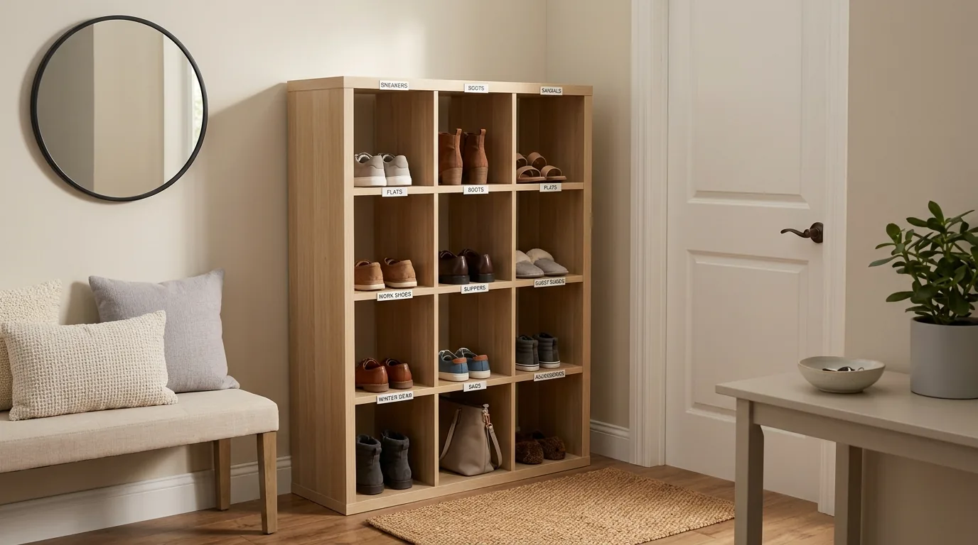 Rattan-front storage bench with shoes tucked below