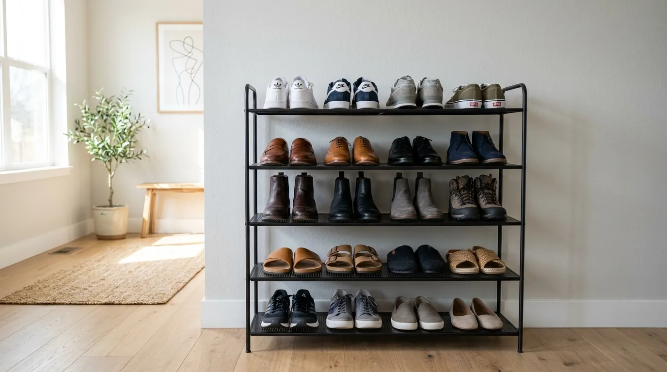 Luxury hallway with tailored cabinetry hiding footwear and accessories