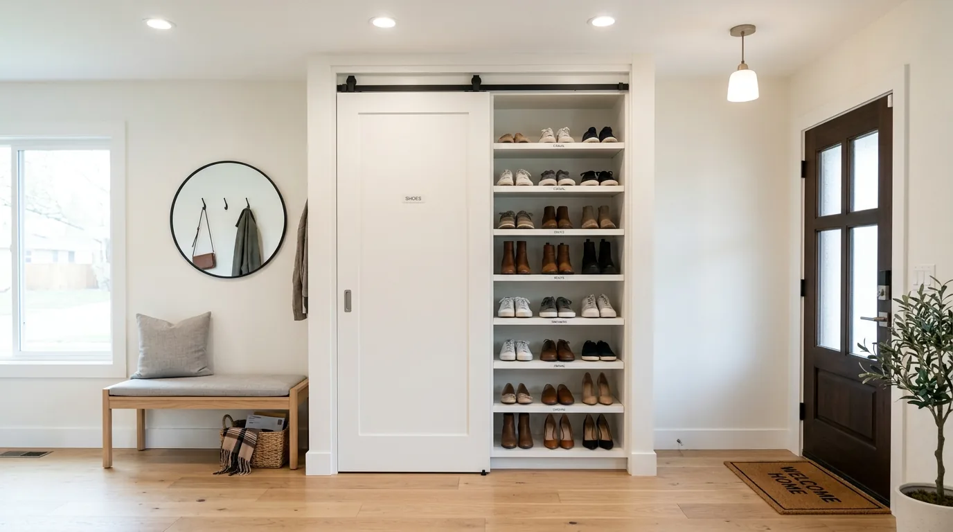 Industrial shoe rack with wood shelves and matte black frame