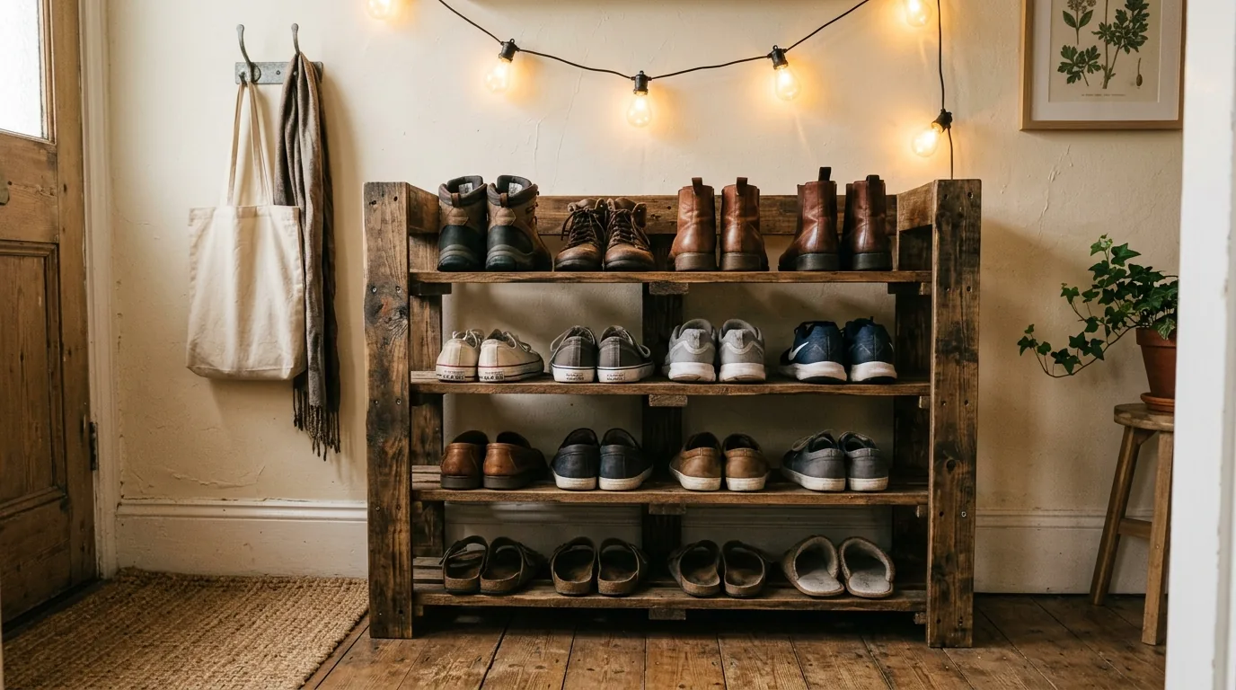 Corner entry setup with rotating shoe organizer
