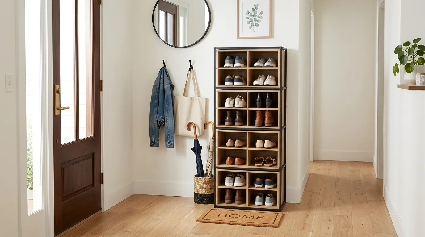 Minimal entry with one curated row of daily shoes and catchall tray