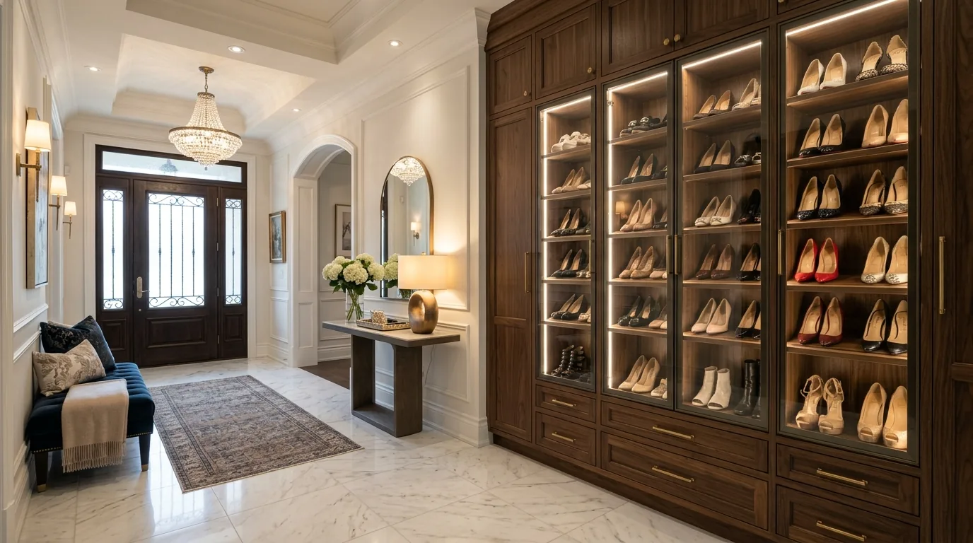 Cinematic organized entryway with layered shoe storage