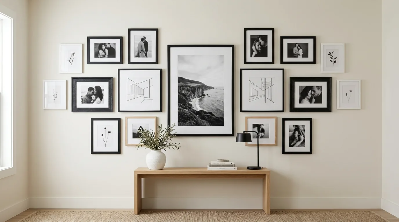 Bedroom with vertical panel molding and minimalist art