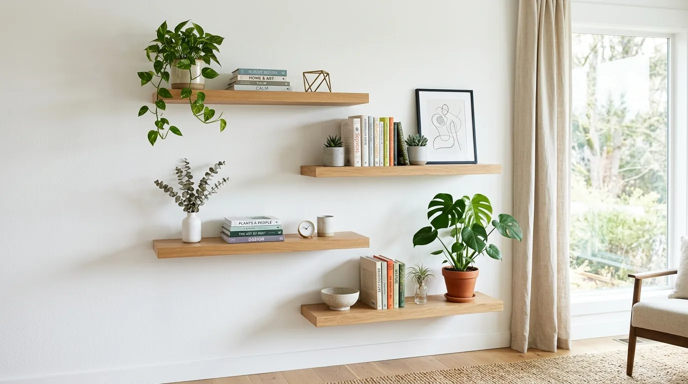 Entryway with round mirror and slim ledge shelf