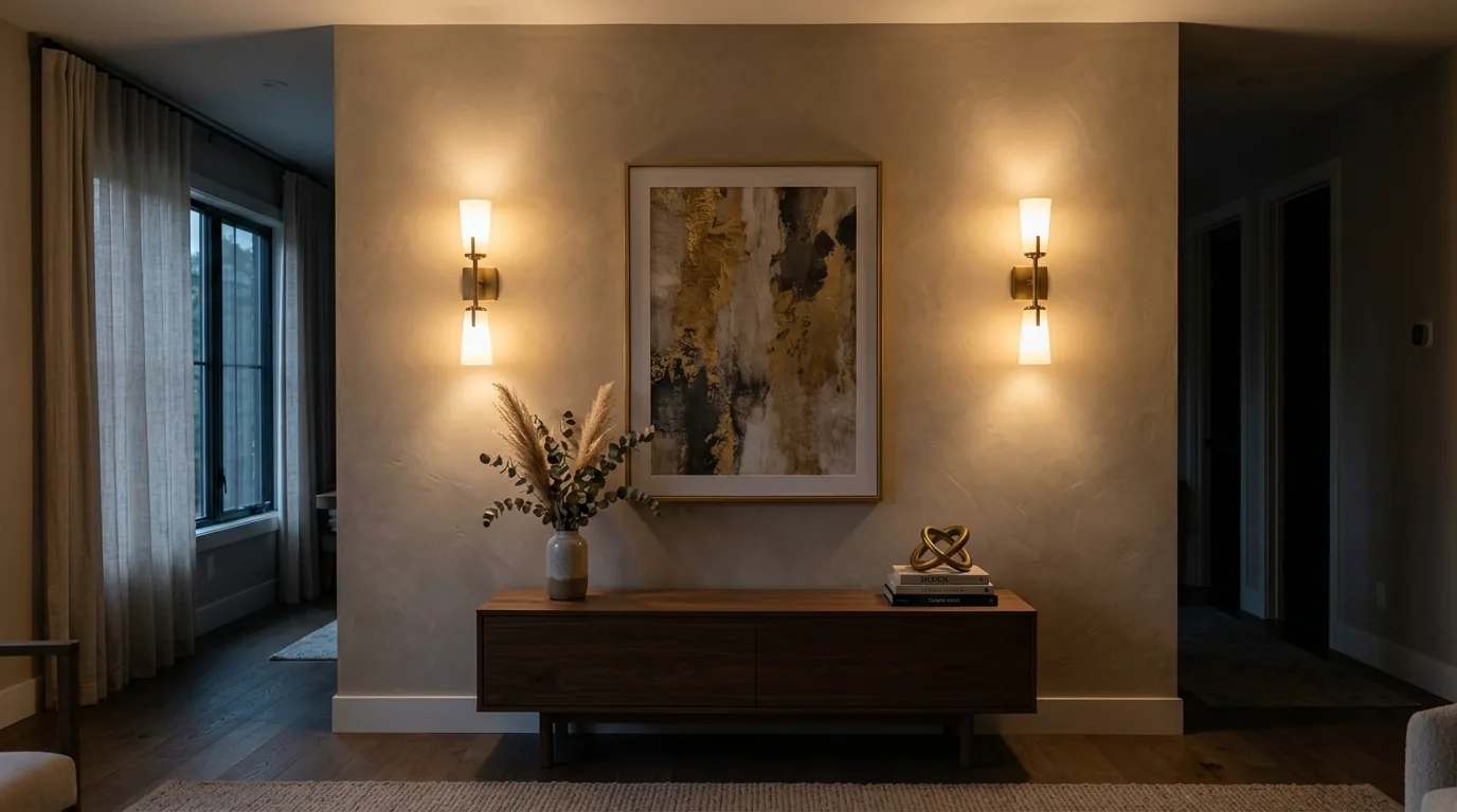 Modern lounge with wood slat accent wall and concealed lighting