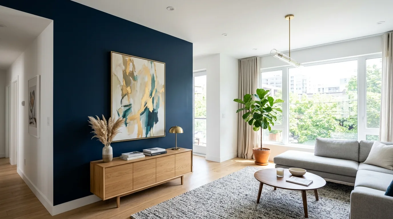 Coastal room with woven wall basket arrangement in restrained palette