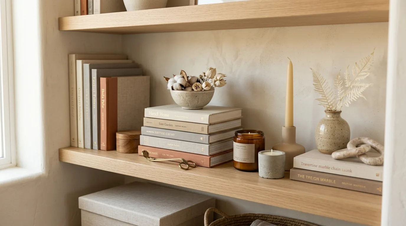 Floating oak shelves with neutral pottery and trailing plant