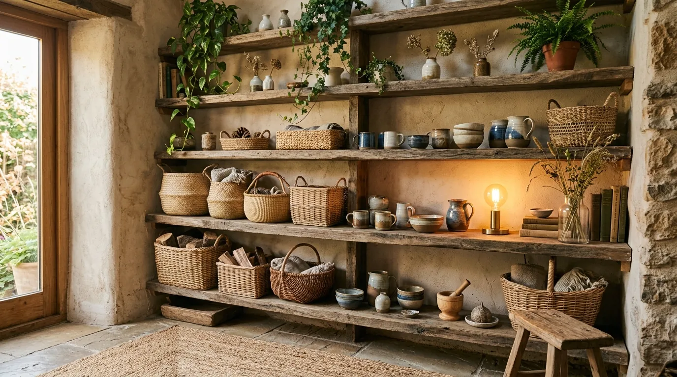 Dark moody shelves with brass accents and art books