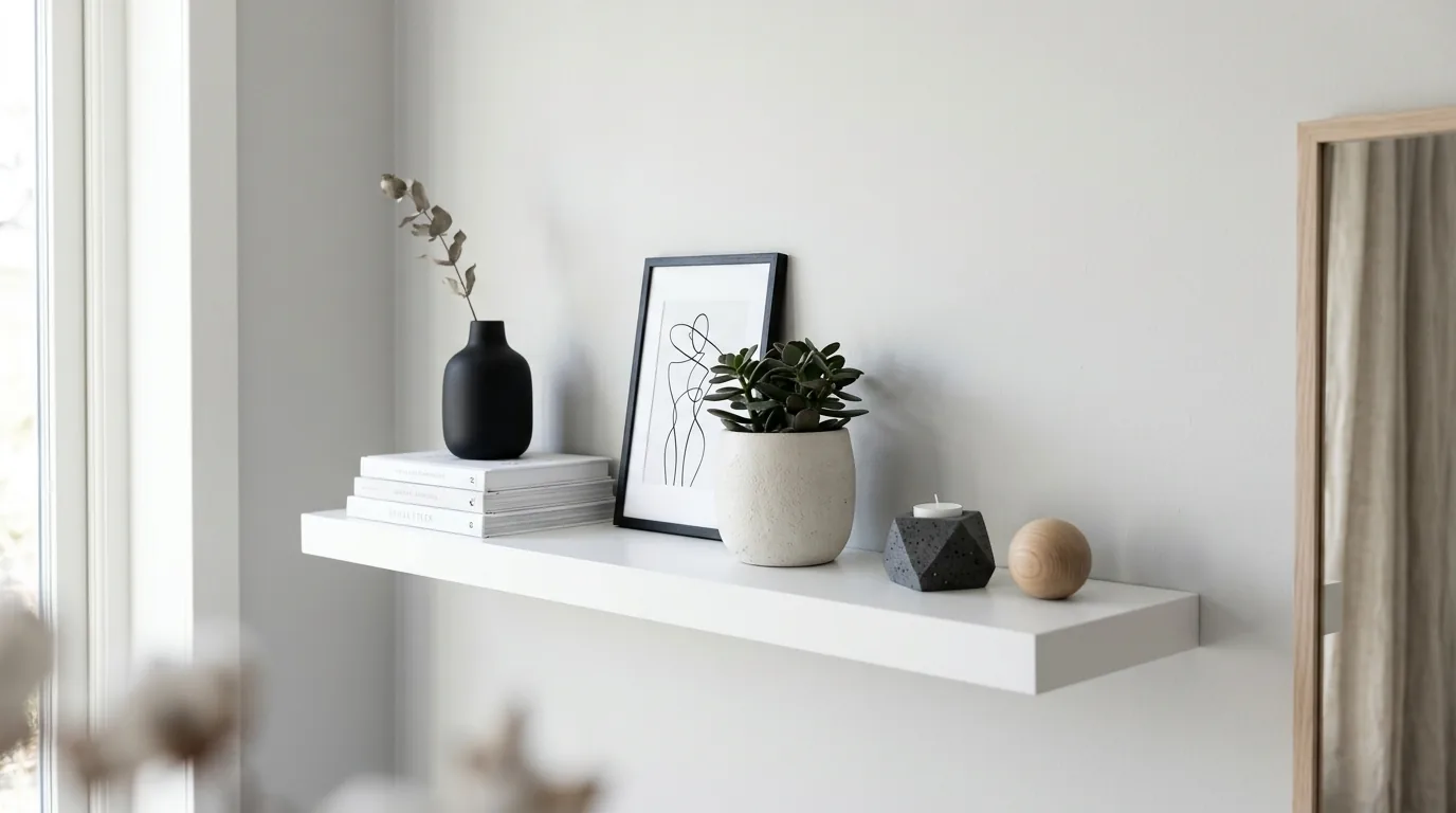 Small apartment shelves with limited objects and strong spacing