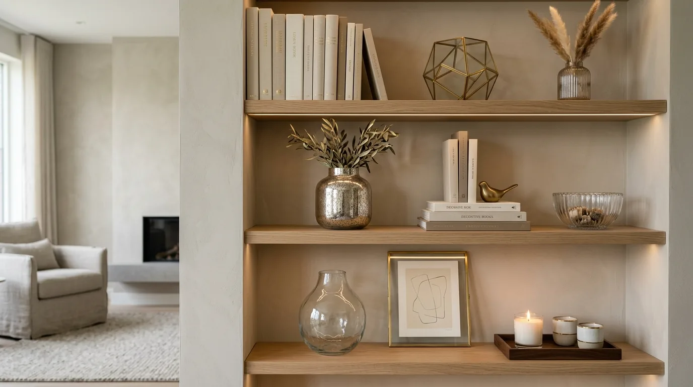 Scandinavian shelving with pale ceramics and linen-bound books