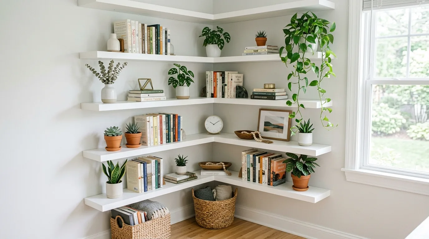 Family room shelves with baskets below and decor above