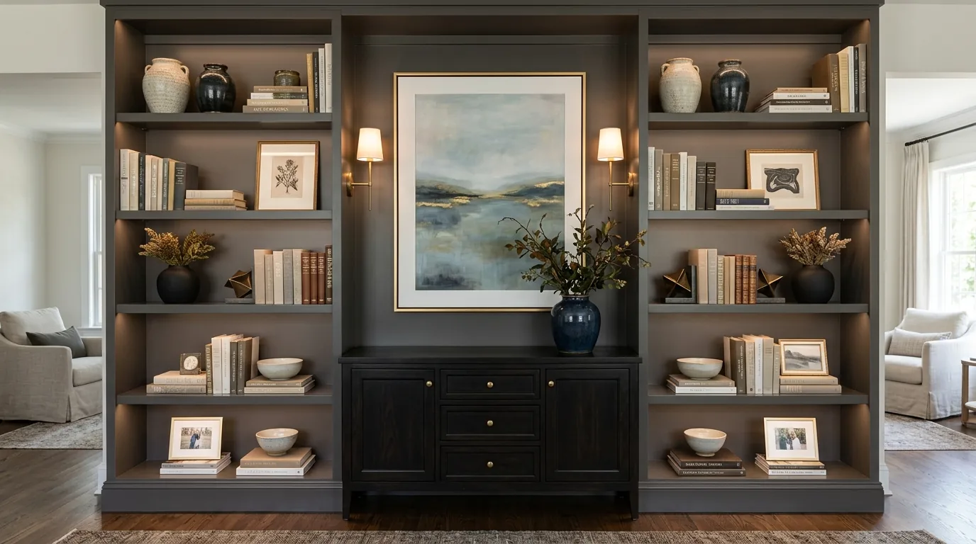 Bedroom shelf styling with candles